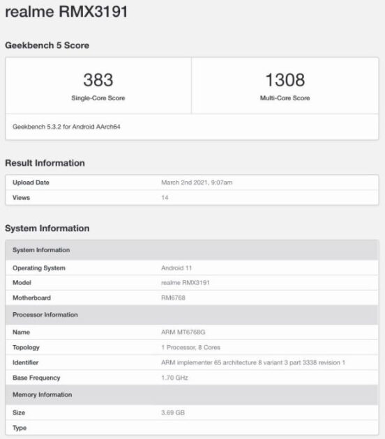 Realme C25 Geekbench