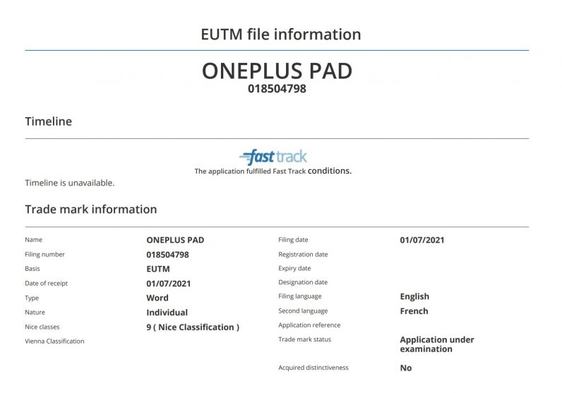 Oneplus Pad EUTM Info