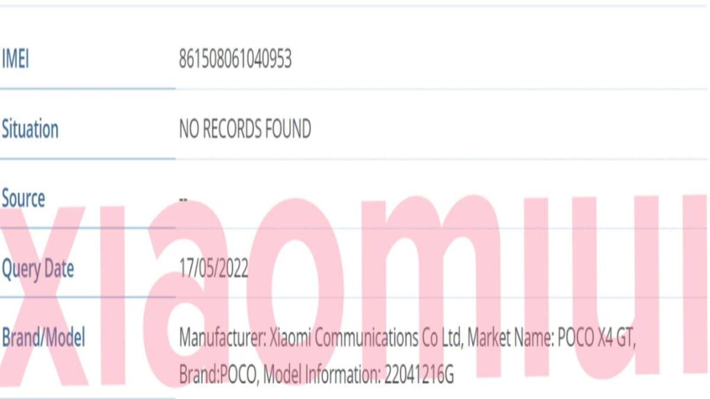 As seen in the IMEI database of Poco X4 GT