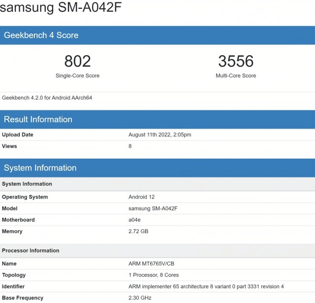 Samsung Galaxy A04  core Geekbench 