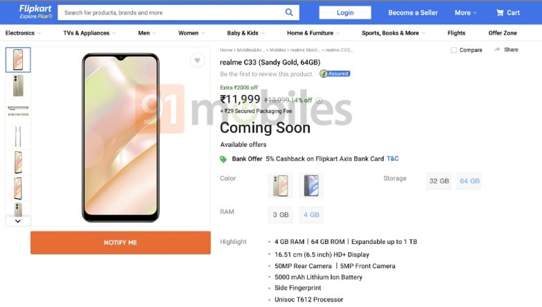 Realme C33 Flipkart listing 