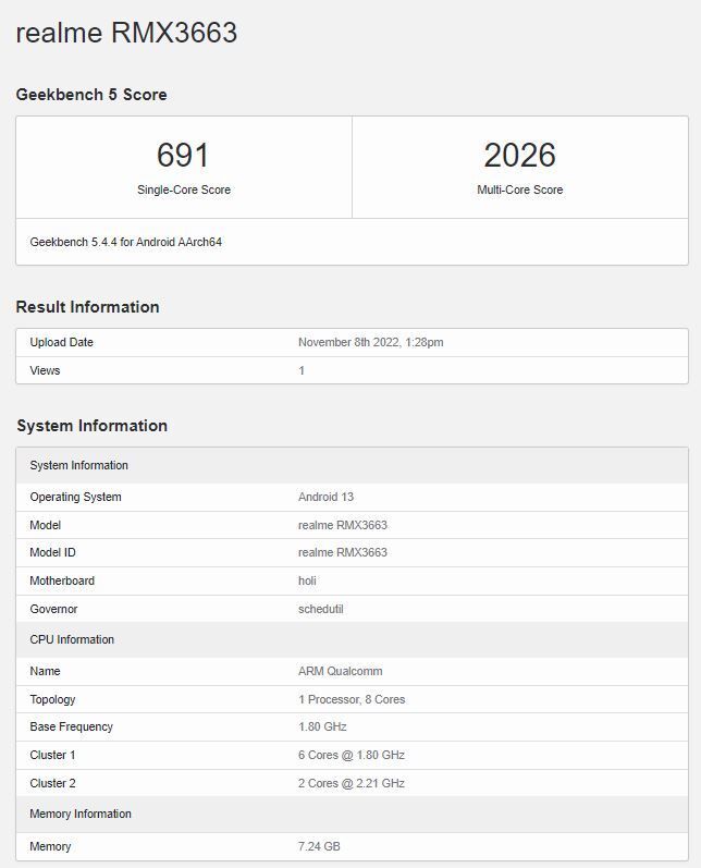 Realme 10 Pro 5G Geekbench