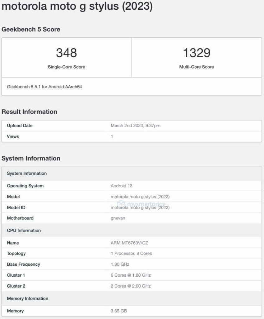 motorola moto g stylus 2023 Geekbench