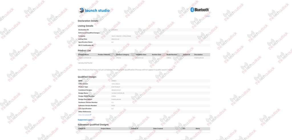 Tecno Camon 20 Spotted on Bluetooth SIG 1
